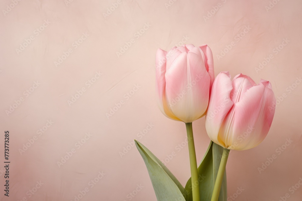 Tulips flowers on a pastel pink background, in a flat lay, space for text, stock photo contest winner, high resolution, stock quality, high detail 