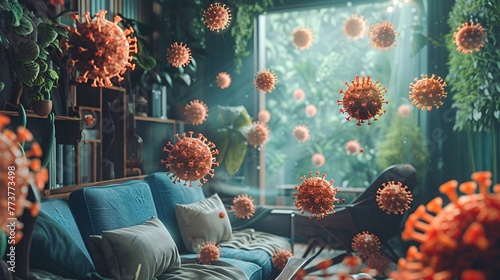 Living Room with Plant Decor and Virus Particle Concept