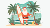Cartoon santa claus holding a surfboard in the tropical 