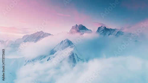 Fantastic landscape of white and pink mountains, white and pink clouds and blue sky. The concept for the development of tourism, mountaineering, skiing, rock climbing, excursions in the mountains. photo