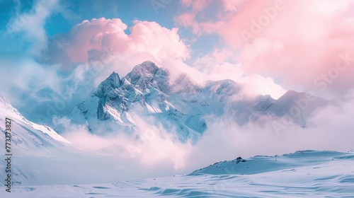 Fantastic landscape of white and pink mountains, white and pink clouds and blue sky. The concept for the development of tourism, mountaineering, skiing, rock climbing, excursions in the mountains. photo