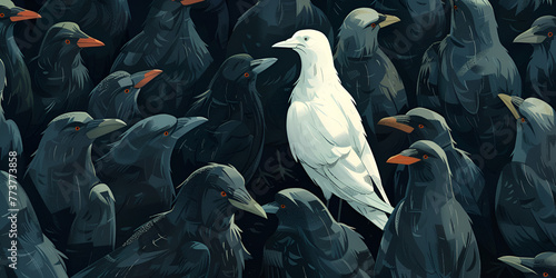 Standing out from the crowd , white bird standing between man gray birds. generative ai