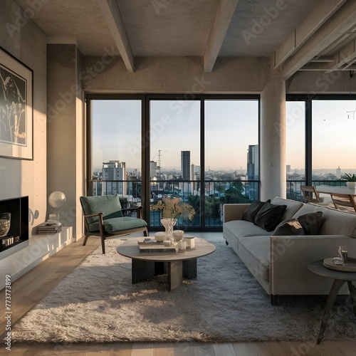 beautiful modern living room design by a architect in a apartment with view on the city 