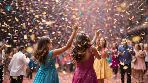 A vibrant and lively celebration filled with colorful confetti raining down from the sky, creating a mesmerizing display of joy and excitement.
