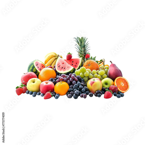 Fruit and vegetables  various types of fruit including watermelon  pineapple  oranges  apples  grapes and banana  melon  black turmeric root  red beans  fresh produce  bright colors  white background