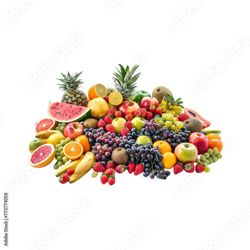 Fruit and vegetables, various types of fruit including watermelon, pineapple, oranges, apples, grapes and banana, melon, black turmeric root, red beans, fresh produce, bright colors, white background