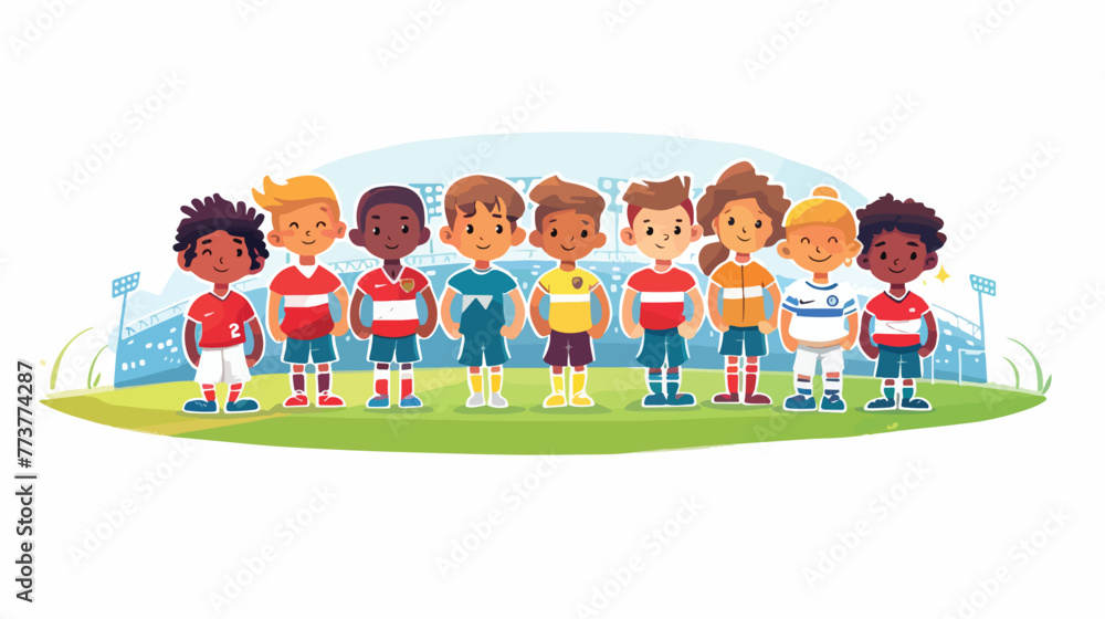 Cartoon soccer kids team at a stadium flat vector isolated