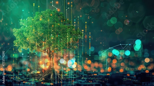 Fintech concept - a tree whose trunk and branches are made of rising financial graphs and currency symbols