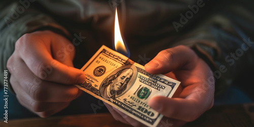 Dollar bill in fire flame in hands of mature adult male man. Bankruptcy, depreciation, devaluation, waste of money, Inflation, hyperinflation, dollar stagflation, decreasing purchasing power photo