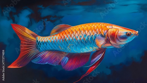 Realistic drawing of an Arowana fish. Its scales glowed with bright colors.Generative AI illustration
