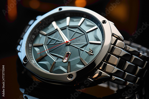 A futuristic silver and chrome wristwatch with a unique geometric dial, symbolizing innovation, against a metallic silver backdrop.