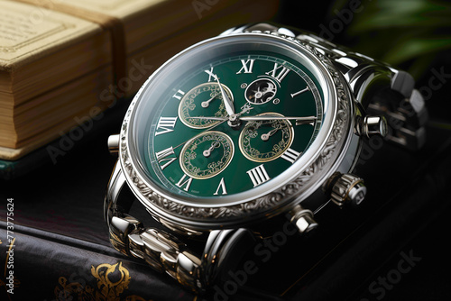 A classic silver timepiece with intricate details, showcasing timeless sophistication, against a solid emerald green background.