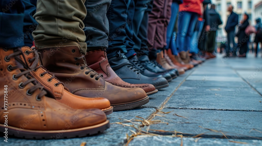 Row of people's feet wearing various shoes