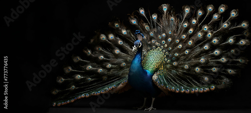 Colourful Close-Up of Peacock Spreading Tail FeathersBeautiful peacock  colorful blue peafowl image AI generated art.... photo