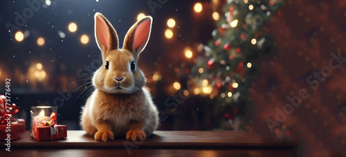 Merry christmas greeting card background with rabbit and gift boxes 3d rendering generative with ai