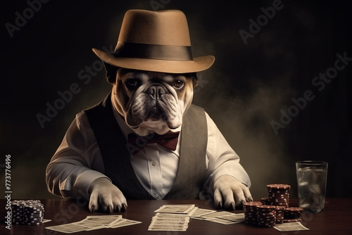 A dog in a suit and hat plays poker in the room.