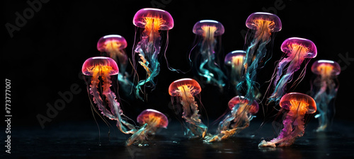 A group of jellyfish are floating in the oceanPurple glowing group of jellyfish with long thin tentacles generative by ai...