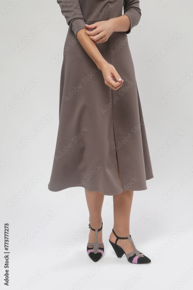 Fototapeta premium Serie of studio photos of female model in patterned brown midi dress, autumn winter fashion collection.