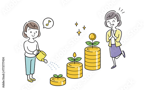 ベクターイラスト素材：お金やポイントに水をやる女性と育てたお金やポイントに花が咲いて喜ぶシニア女性
