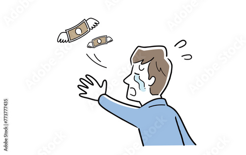 ベクターイラスト素材：お金が飛んでいって悲しむ男性
