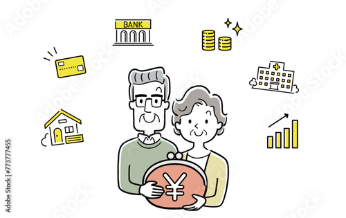 ベクターイラスト素材：お金のことを考えるシニア夫婦
