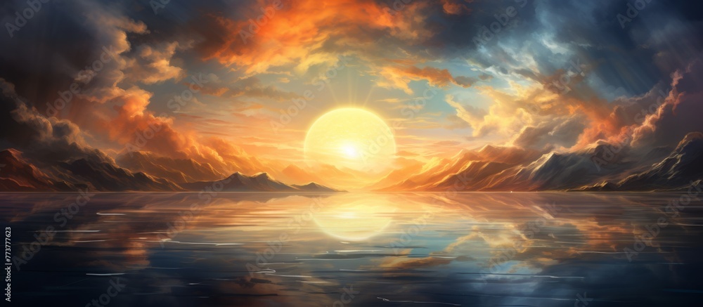 Fototapeta premium Scenic artwork featuring a serene sunset casting vibrant colors over a calm lake, framed by majestic mountains