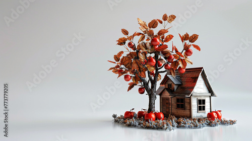 A 3D Max cottage with a miniature apple tree with red apples, placed on a stark white background to celebrate the harvest and bounty of autumn.