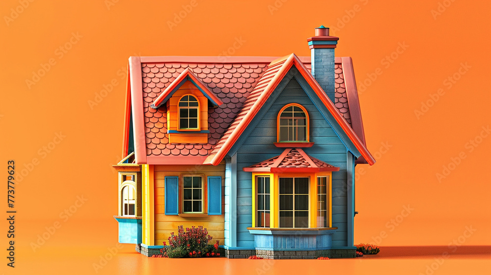 A 3D Max colorful miniature home with a unique gabled roof, presented on a vibrant, tangerine orange background to showcase its energy and creativity. A 3D Max colorful miniature home with a unique gabled roof, presented on a vibrant, tangerine orange background to showcase its energy and creativity.