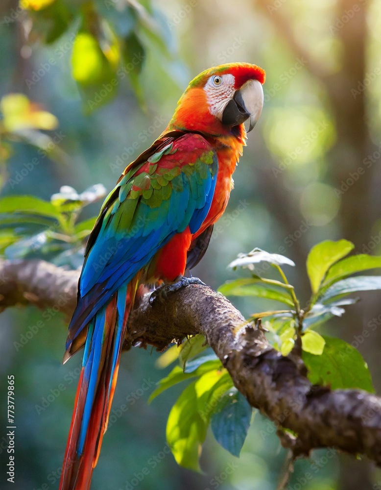Colorful parrot perched on branch in forest