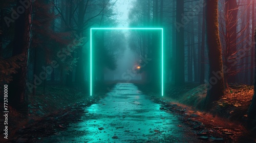 A neon green rectangular frame, illuminating a dark forest path, casting an otherworldly glow on the surrounding trees.