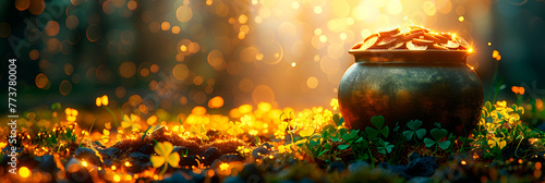 A golden pot full of coins on a dark green background. The glitter of gold coins. The symbol of the holiday is St. Patrick's Day. A template for the design of a postcard or banner.