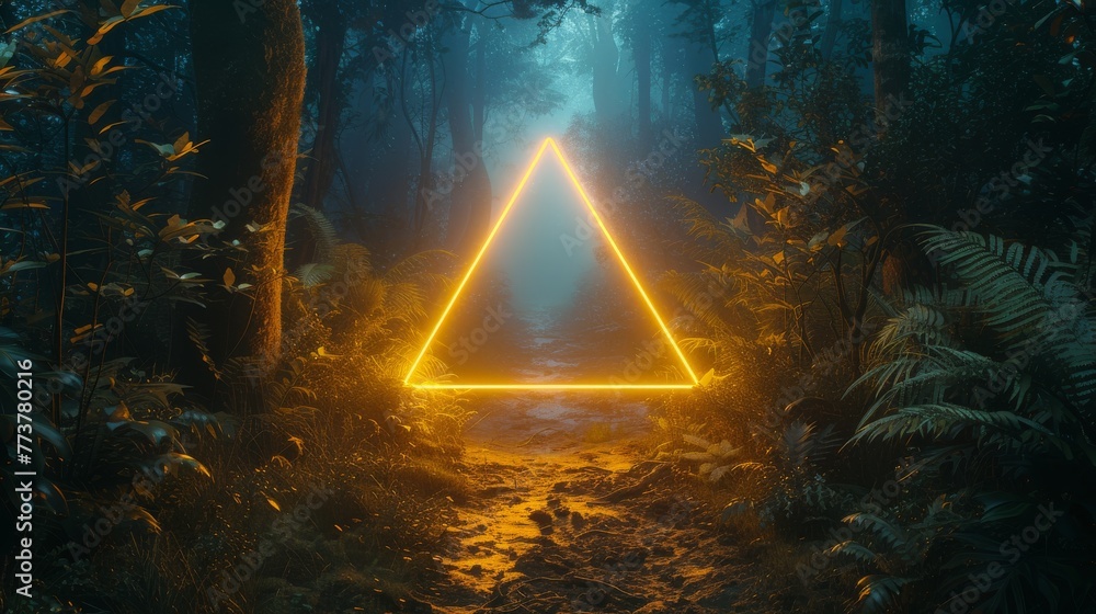A radiant lemon-yellow neon triangle, positioned in the middle of a dark, overgrown jungle path, adding a touch of modernity to the wild landscape.