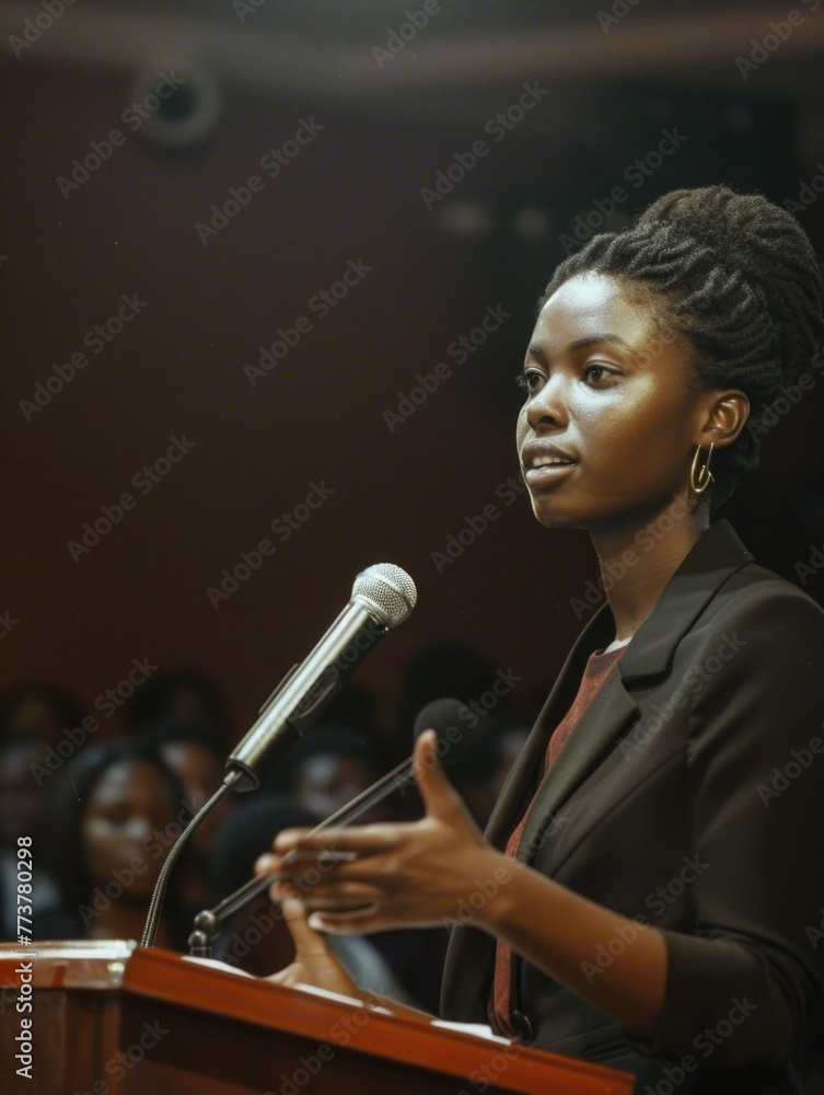 Fototapeta premium A woman is speaking into a microphone at a podium