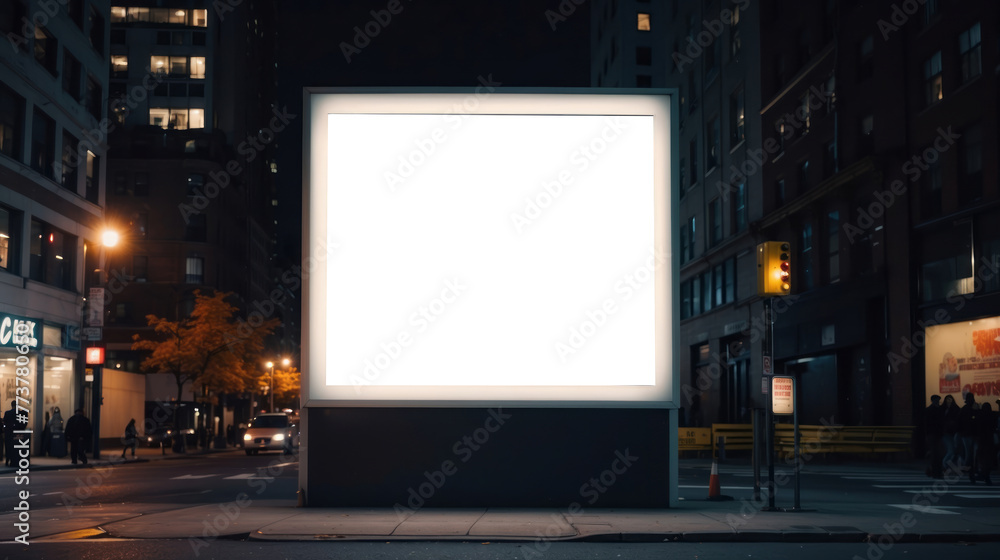 wide landscape horizontal square blank billboard at night city, new york times square blank billboard mock up - obrazy, fototapety, plakaty 