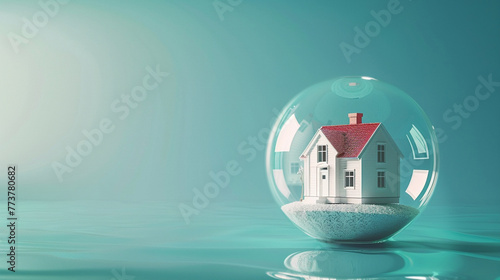A 3D Max tiny Scandinavian home within a glass globe, showcased against a crisp Nordic blue background.
