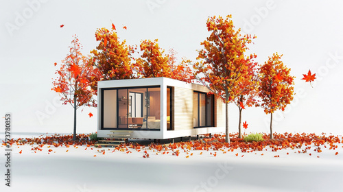 A 3D Max tiny modern home surrounded by small autumnal trees with leaves in shades of orange and red, showcased on a stark white background to capture the vibrant beauty of fall.
