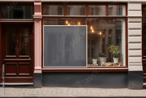 A window with a black board on it and a potted plant in front of it