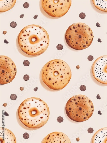 A pattern of donuts with chocolate chips and sprinkles