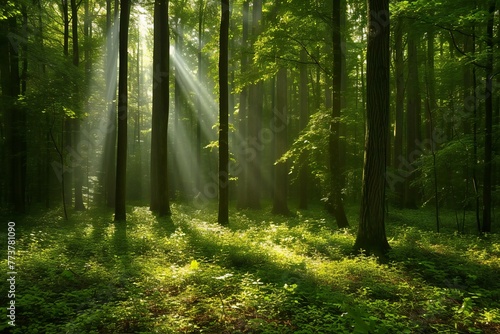 Morning in the forest with sunbeams passing through tree trunks