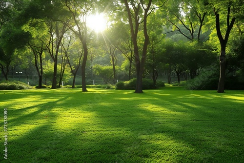 Green grass in the public park at sunset, beautiful nature background