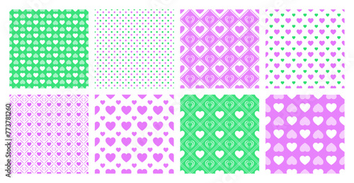 Spring seamless pattern set. Cute love hearts and dots vector repeated textures. Easter simple backgrounds collection. Hearts symbols template wallpaper for wrapping, textile, baby birthday designs.
