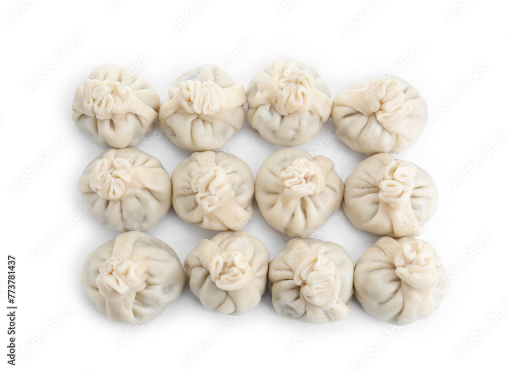 Fototapeta premium Many tasty khinkali (dumplings) isolated on white, top view. Georgian cuisine
