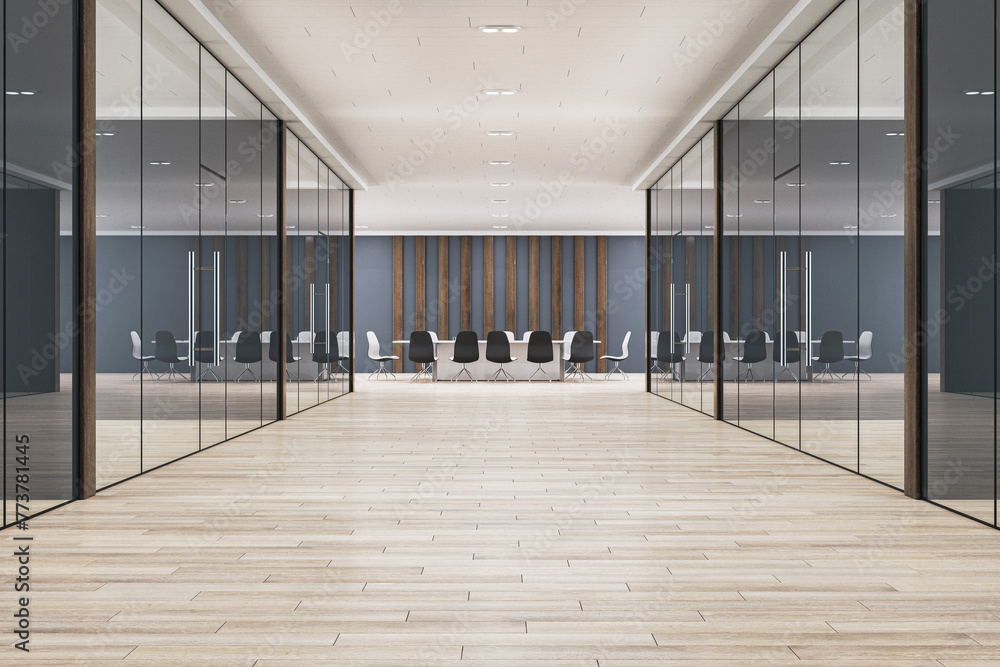 Spacious meeting room with glass walls and herringbone parquet, blending modern and classic design. 3D Rendering