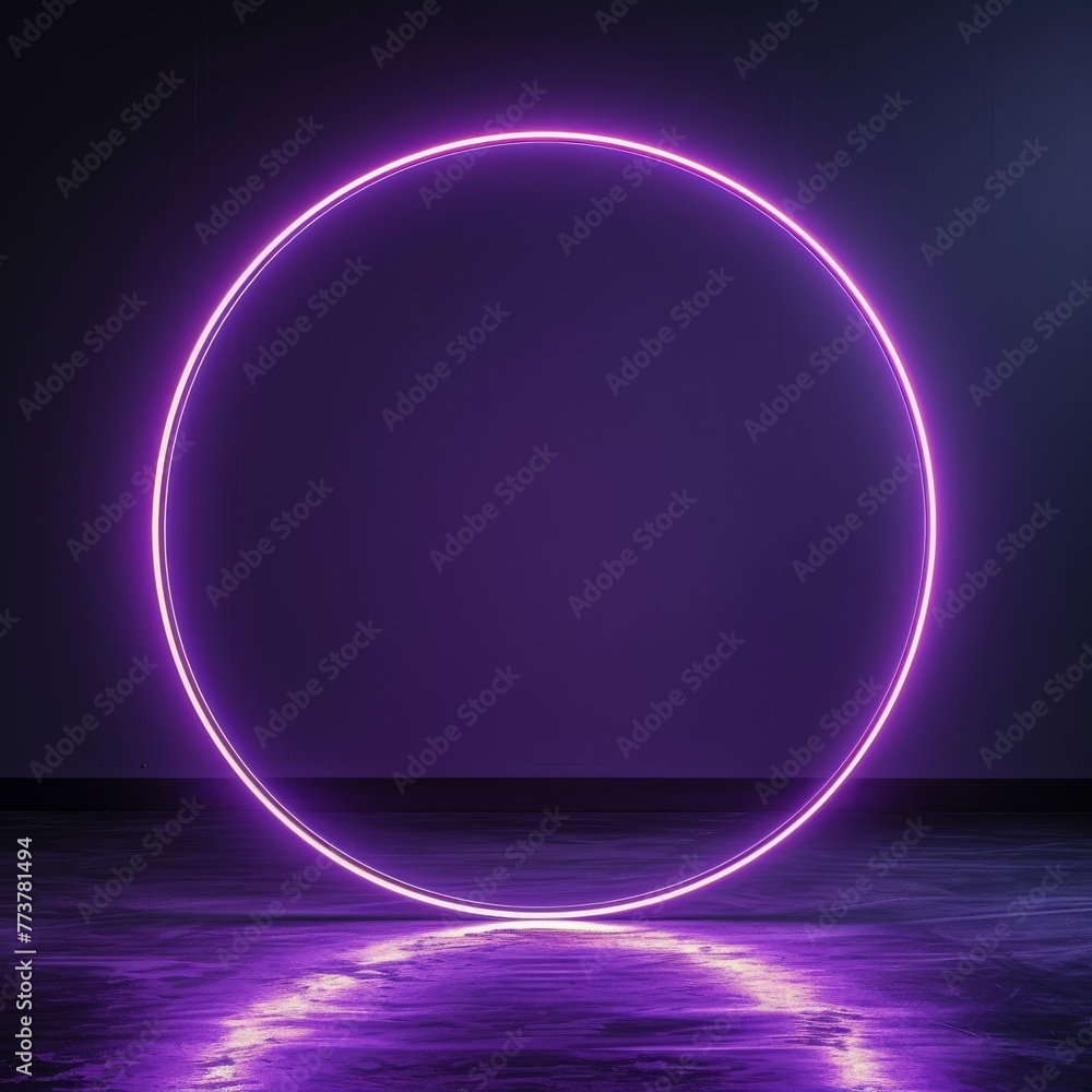 A sleek, neon purple circular frame, casting a soft luminescence, set against a pitch-black backdrop for a dramatic effect