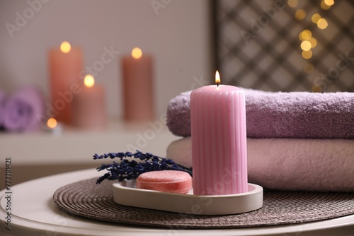 Beautiful composition with different spa products on white table indoors