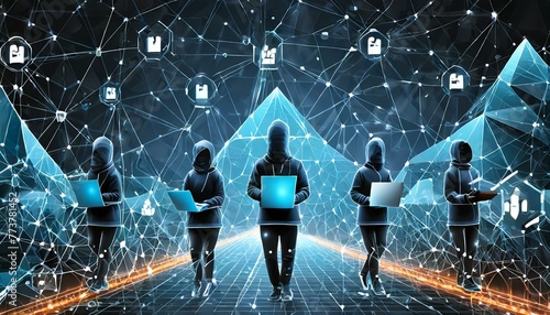 A cyber attack or Cybersecurity concept. Abstract digital hacker teams are hacking system. Polygonal conception of fraud and internet criminal. Vector 3D illustration. Technology futuristic background