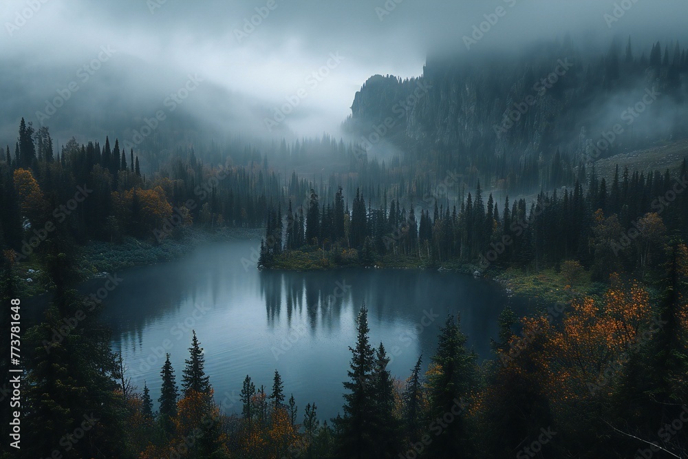 Beautiful autumn landscape with mountain lake and pine forest in foggy morning