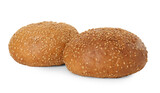 Two fresh hamburger buns with sesame seeds isolated on white