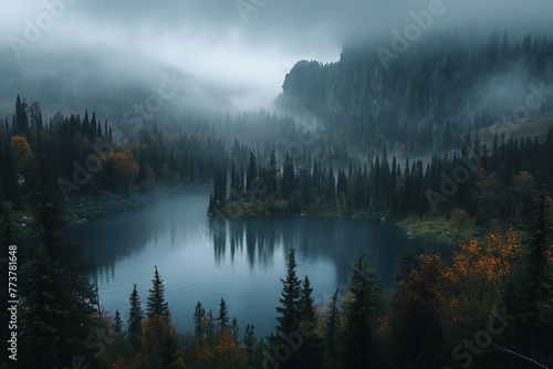 Beautiful autumn landscape with mountain lake and pine forest in foggy morning © Quan