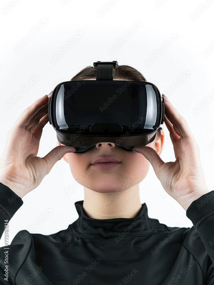 A woman wearing a black shirt is wearing a virtual reality headset A woman wearing a black shirt is wearing a virtual reality headset